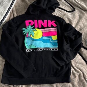 Victoria’s Secret PINK Black fleece full zip Hoodie sweatshirt neon Graphic L